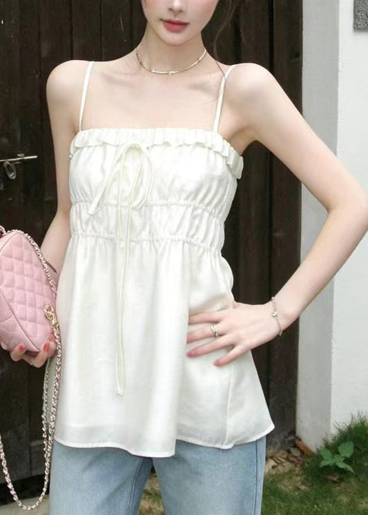 French White Drawstring Cotton Tank Tops Summer