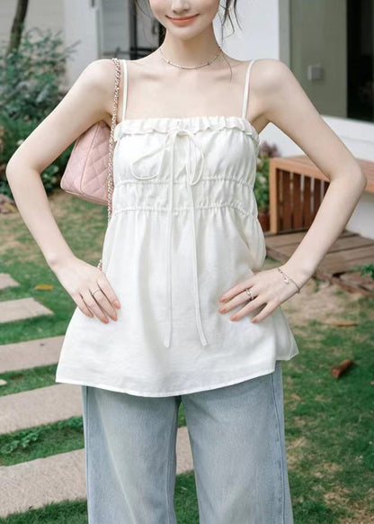 French White Drawstring Cotton Tank Tops Summer