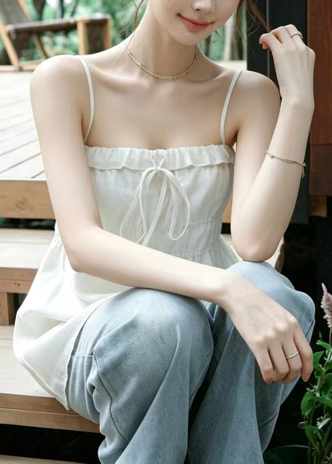 French White Drawstring Cotton Tank Tops Summer