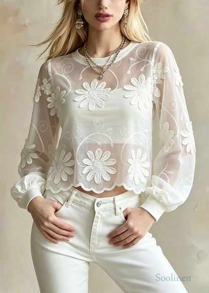 French White Embroidered Floral Cotton Blouse Top Summer