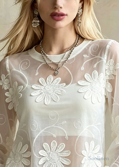 French White Embroidered Floral Cotton Blouse Top Summer