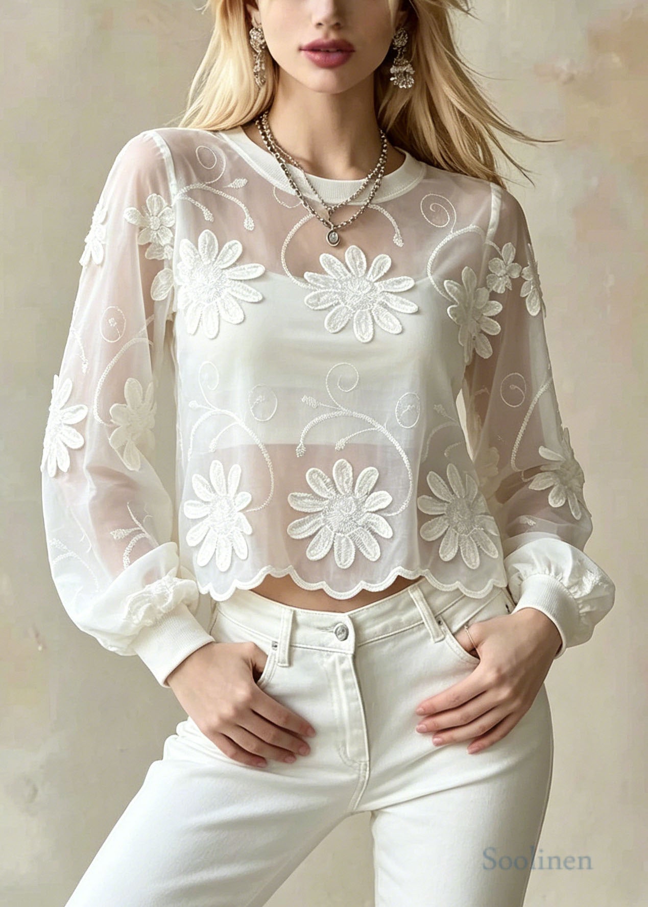 French White Embroidered Floral Cotton Blouse Top Summer