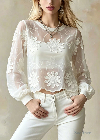 French White Embroidered Floral Cotton Blouse Top Summer