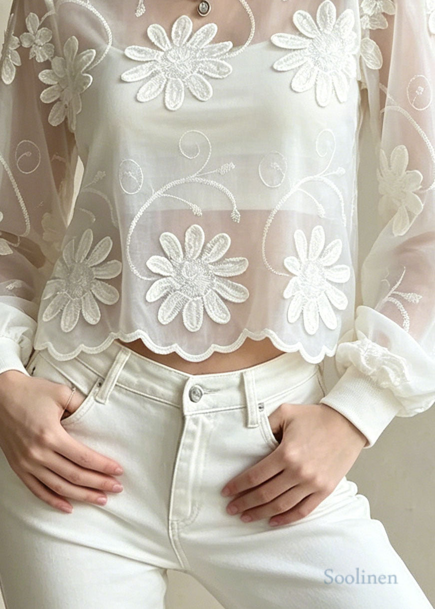French White Embroidered Floral Cotton Blouse Top Summer