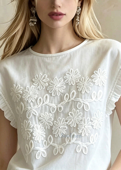 French White Embroidered Floral Cotton Blouses Summer