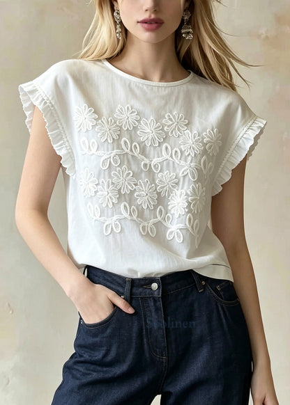 French White Embroidered Floral Cotton Blouses Summer