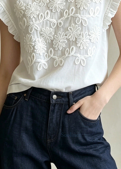 French White Embroidered Floral Cotton Blouses Summer
