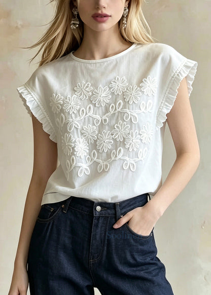 French White Embroidered Floral Cotton Blouses Summer