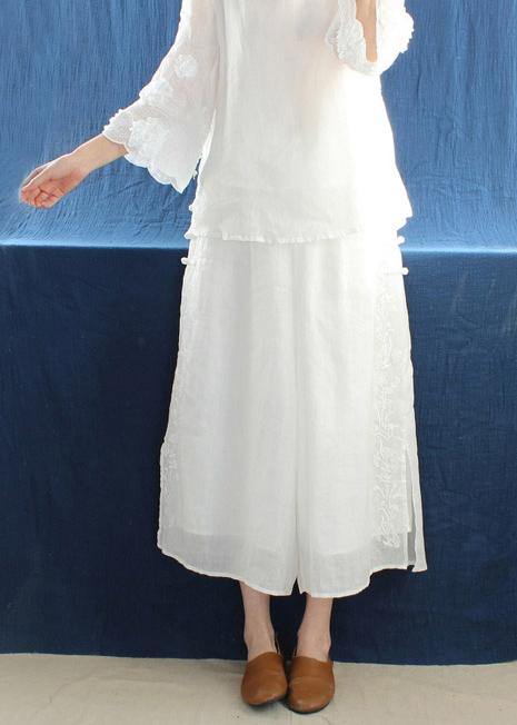 French White Embroidery Casual Pants Trendy Plus Size Summer Elastic Waist Work Pant - SooLinen