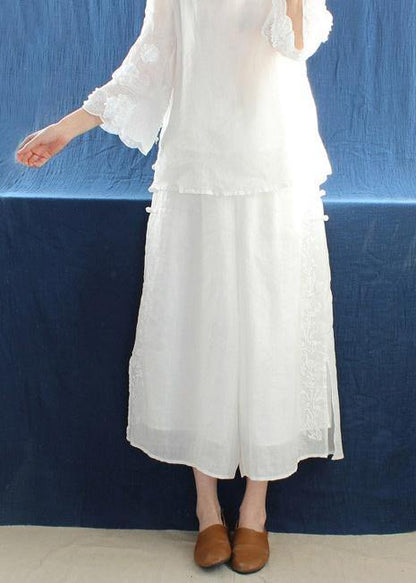 French White Embroidery Casual Pants Trendy Plus Size Summer Elastic Waist Work Pant - SooLinen