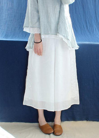 French White Embroidery Casual Pants Trendy Plus Size Summer Elastic Waist Work Pant - SooLinen