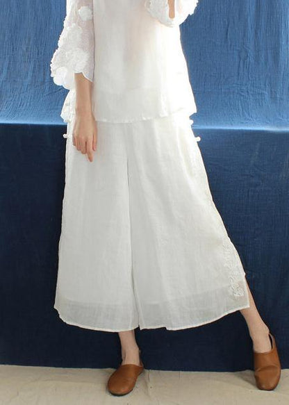 French White Embroidery Casual Pants Trendy Plus Size Summer Elastic Waist Work Pant - SooLinen