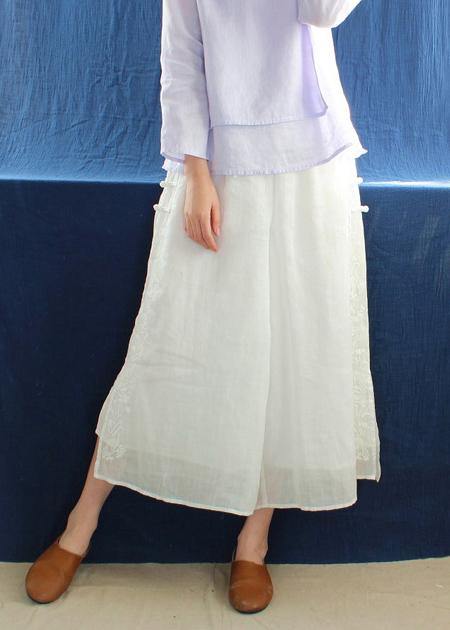 French White Embroidery Casual Pants Trendy Plus Size Summer Elastic Waist Work Pant - SooLinen