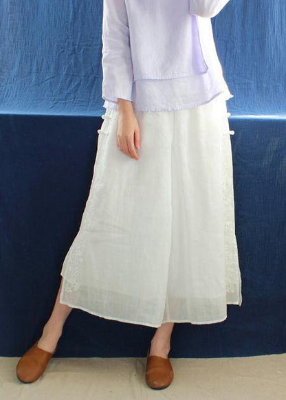 French White Embroidery Casual Pants Trendy Plus Size Summer Elastic Waist Work Pant - SooLinen