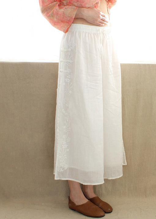 French White Embroidery Casual Pants Trendy Plus Size Summer Elastic Waist Work Pant - SooLinen