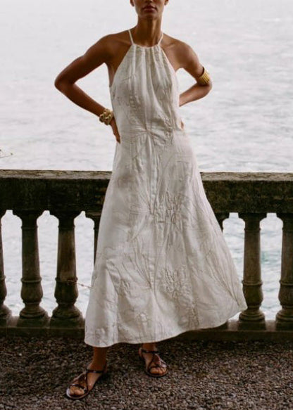 French White Halter Embroidered Cotton Vacation Dresses Summer