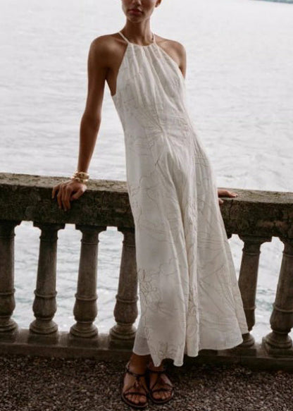 French White Halter Embroidered Cotton Vacation Dresses Summer