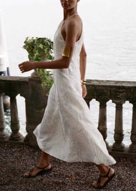 French White Halter Embroidered Cotton Vacation Dresses Summer