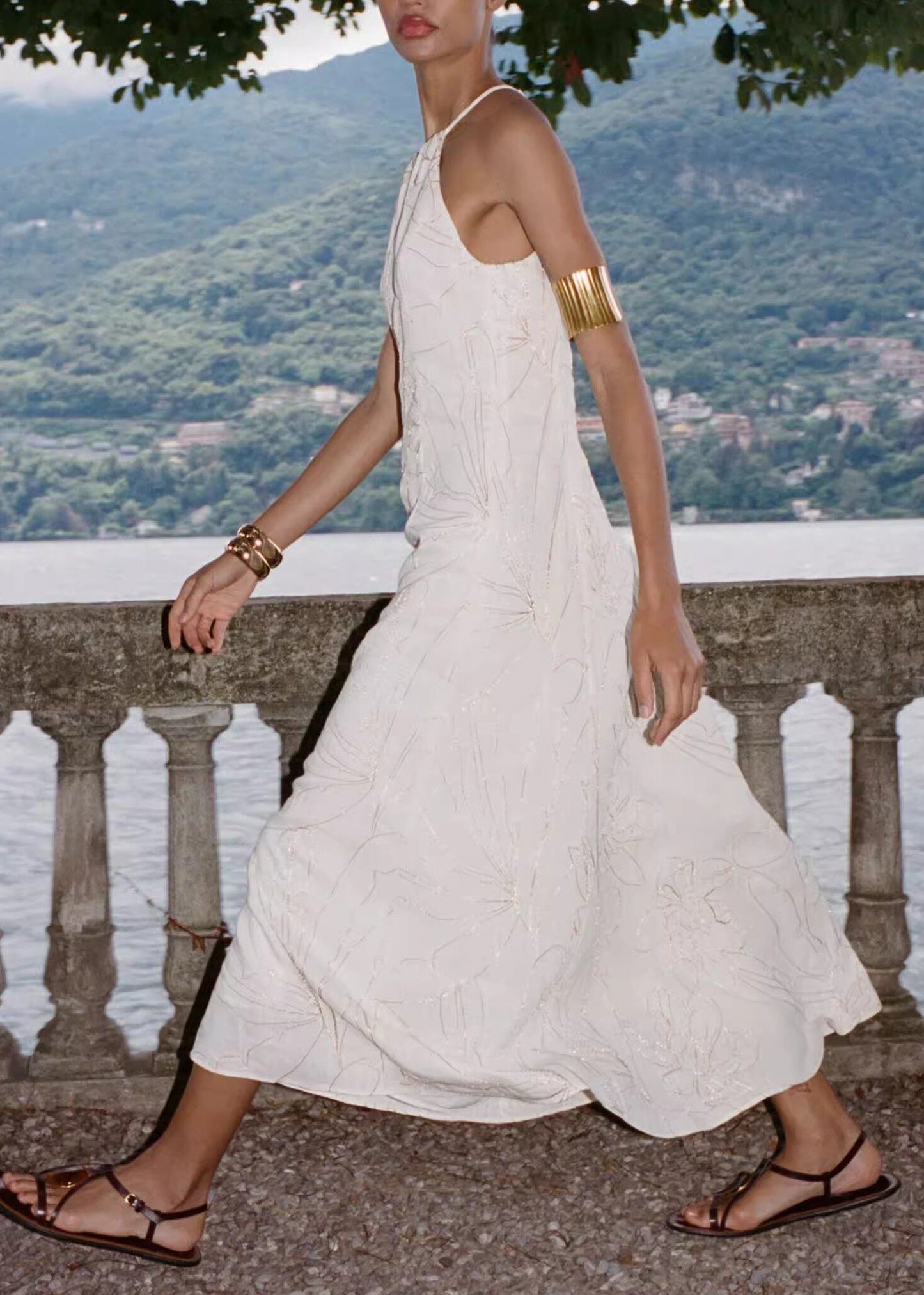 French White Halter Embroidered Cotton Vacation Dresses Summer