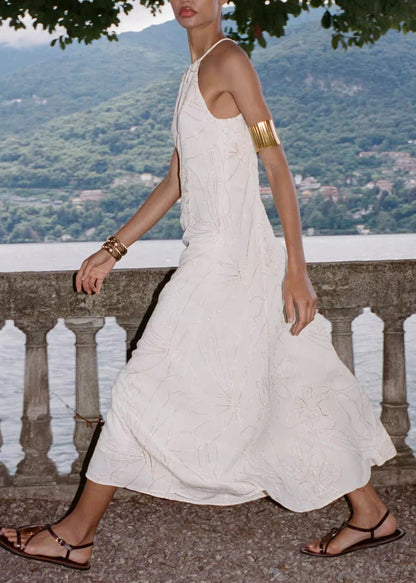 French White Halter Embroidered Cotton Vacation Dresses Summer