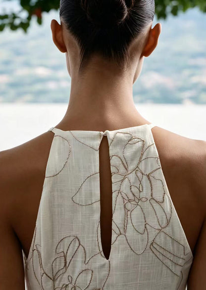 French White Halter Embroidered Cotton Vacation Dresses Summer
