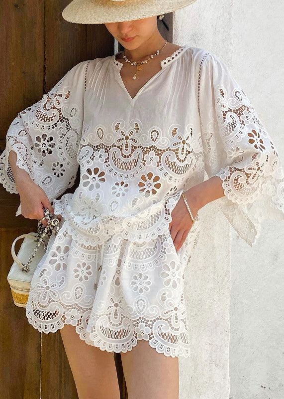 French White Hollow Out Embroidery Lace Set For Summer