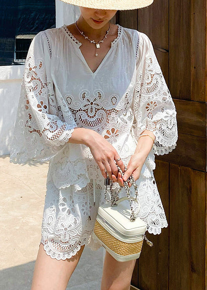 French White Hollow Out Embroidery Lace Set For Summer