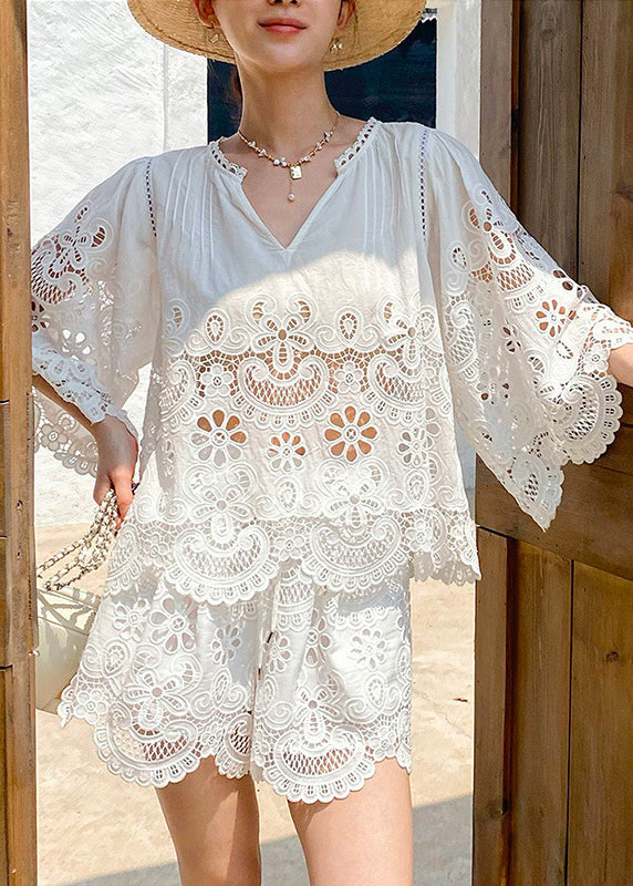French White Hollow Out Embroidery Lace Set For Summer
