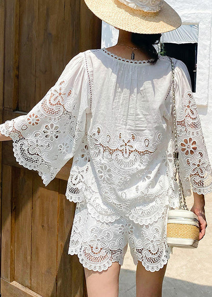 French White Hollow Out Embroidery Lace Set For Summer
