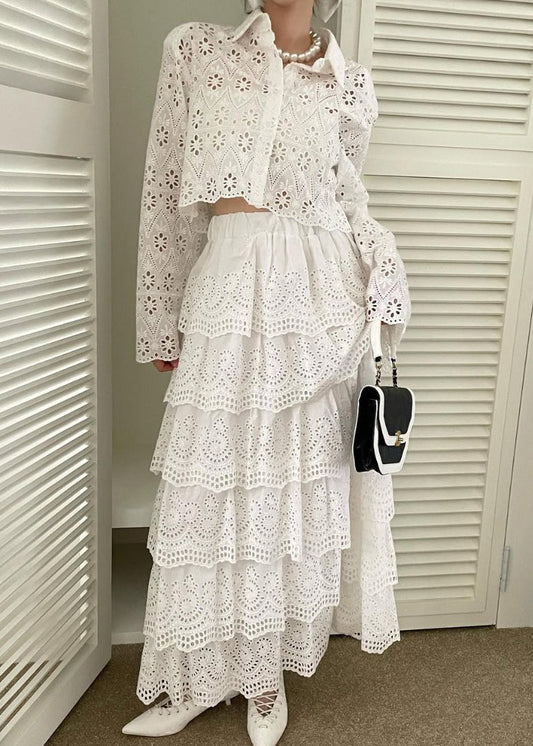 Conjunto de dos piezas de camisa y falda francesa blanca ahuecada de algodón para primavera