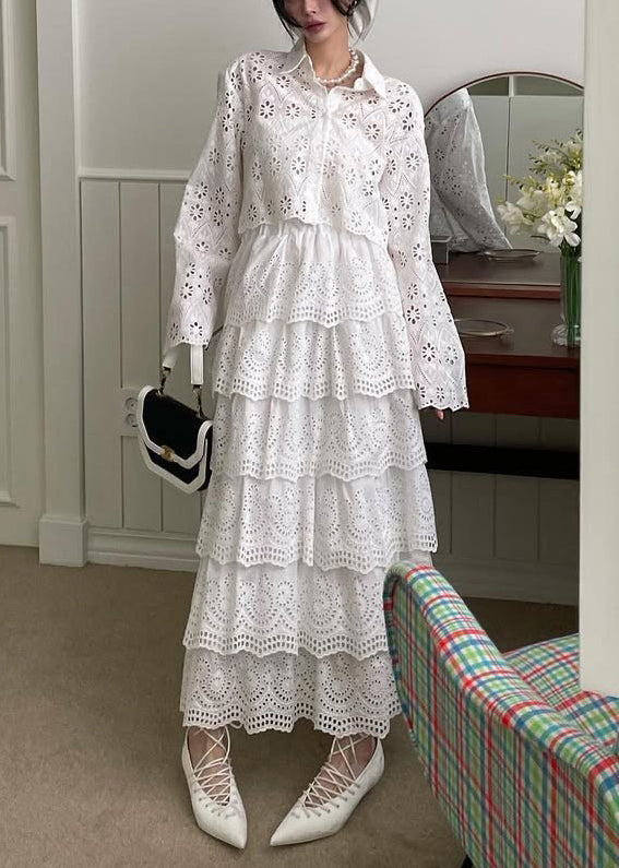 Conjunto de dos piezas de camisa y falda francesa blanca ahuecada de algodón para primavera