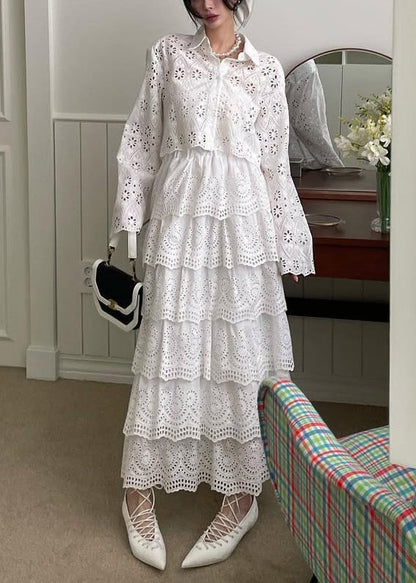 Conjunto de dos piezas de camisa y falda francesa blanca ahuecada de algodón para primavera