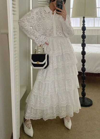 Conjunto de dos piezas de camisa y falda francesa blanca ahuecada de algodón para primavera