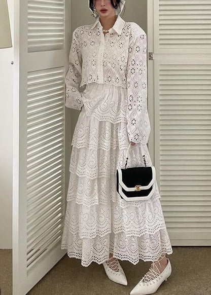 Conjunto de dos piezas de camisa y falda francesa blanca ahuecada de algodón para primavera