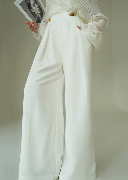 French White Lace Up Pockets High Waist Spandex Wide Leg Pants Spring