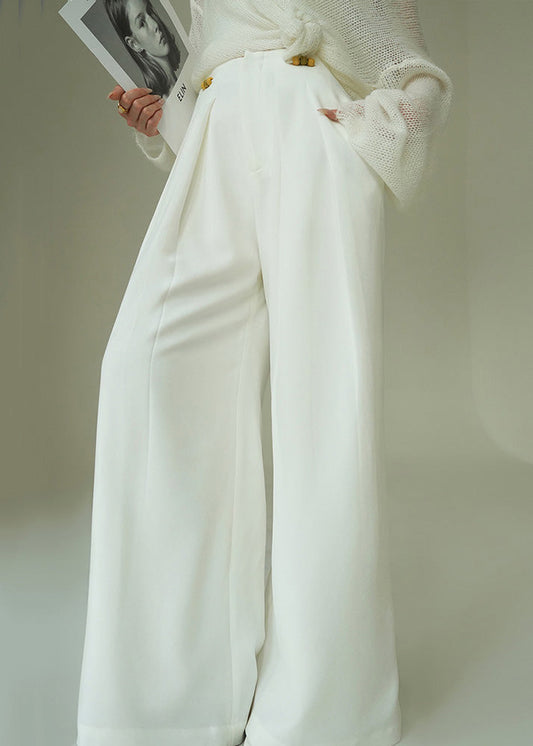 French White Lace Up Pockets High Waist Spandex Wide Leg Pants Spring