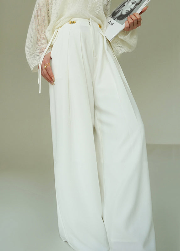 French White Lace Up Pockets High Waist Spandex Wide Leg Pants Spring