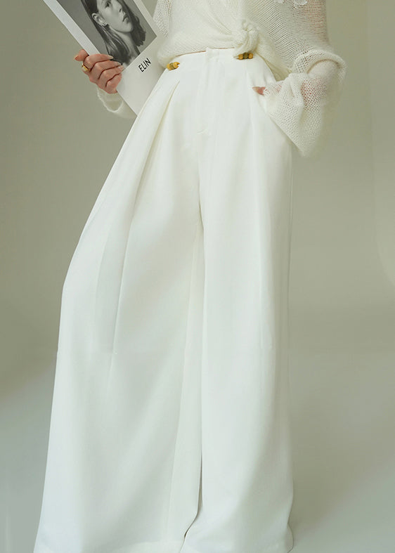 French White Lace Up Pockets High Waist Spandex Wide Leg Pants Spring