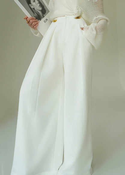 French White Lace Up Pockets High Waist Spandex Wide Leg Pants Spring