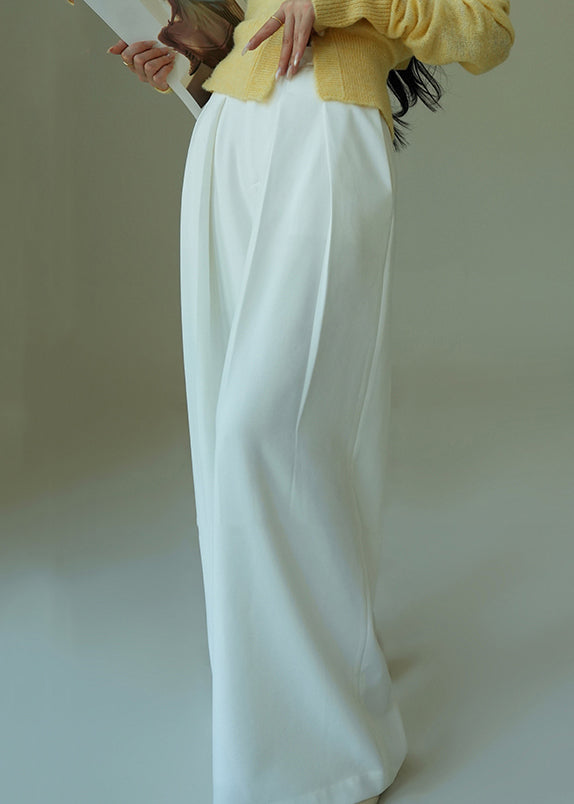 French White Lace Up Pockets High Waist Spandex Wide Leg Pants Spring