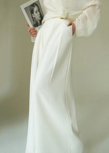 French White Lace Up Pockets High Waist Spandex Wide Leg Pants Spring