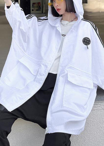 French White Letter Pockets Spring Hoodies Cotton Outwear - SooLinen