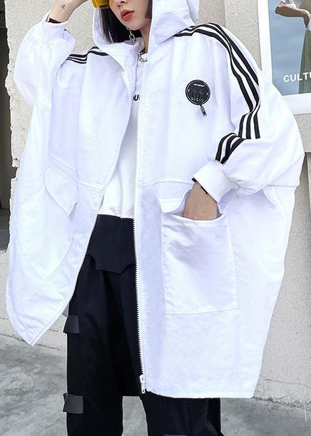 French White Letter Pockets Spring Hoodies Cotton Outwear - SooLinen