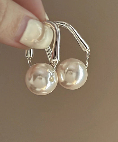 French White Metal Pearl Hoop Earrings