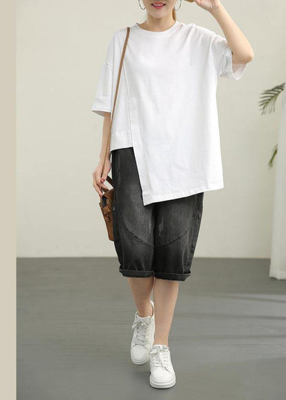 French White O-Neck Cotton Summer Top - SooLinen