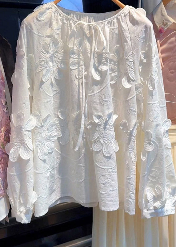 French White O-Neck Floral Tie Lace Top Lantern Sleeve