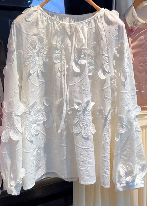 French White O-Neck Floral Tie Lace Top Lantern Sleeve