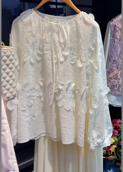 French White O-Neck Floral Tie Lace Top Lantern Sleeve