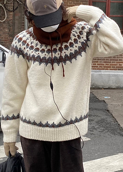 French White O Neck Geometric Cozy Knit Men Sweater Winter