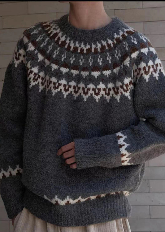 French White O Neck Geometric Cozy Knit Men Sweater Winter